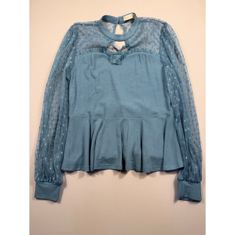Belle Poque Blue Ribbed Peplum Top Swiss Dot Mesh Long Sleeve Keyhole Medium